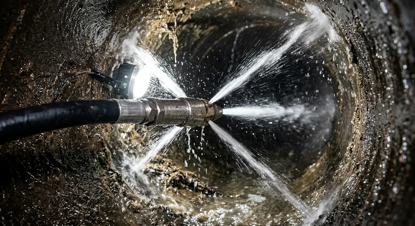 High-pressure hydro jetting nozzle cleaning sewer pipe for Emergency Drain Service in Sunnyvale