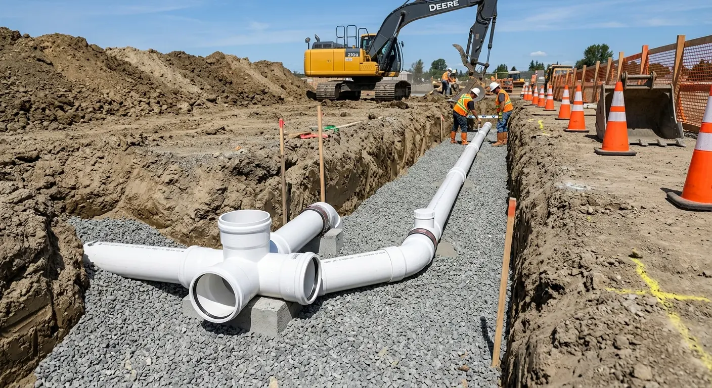New PVC sewer pipe installation in open trench for Sewer Backup in Sunnyvale