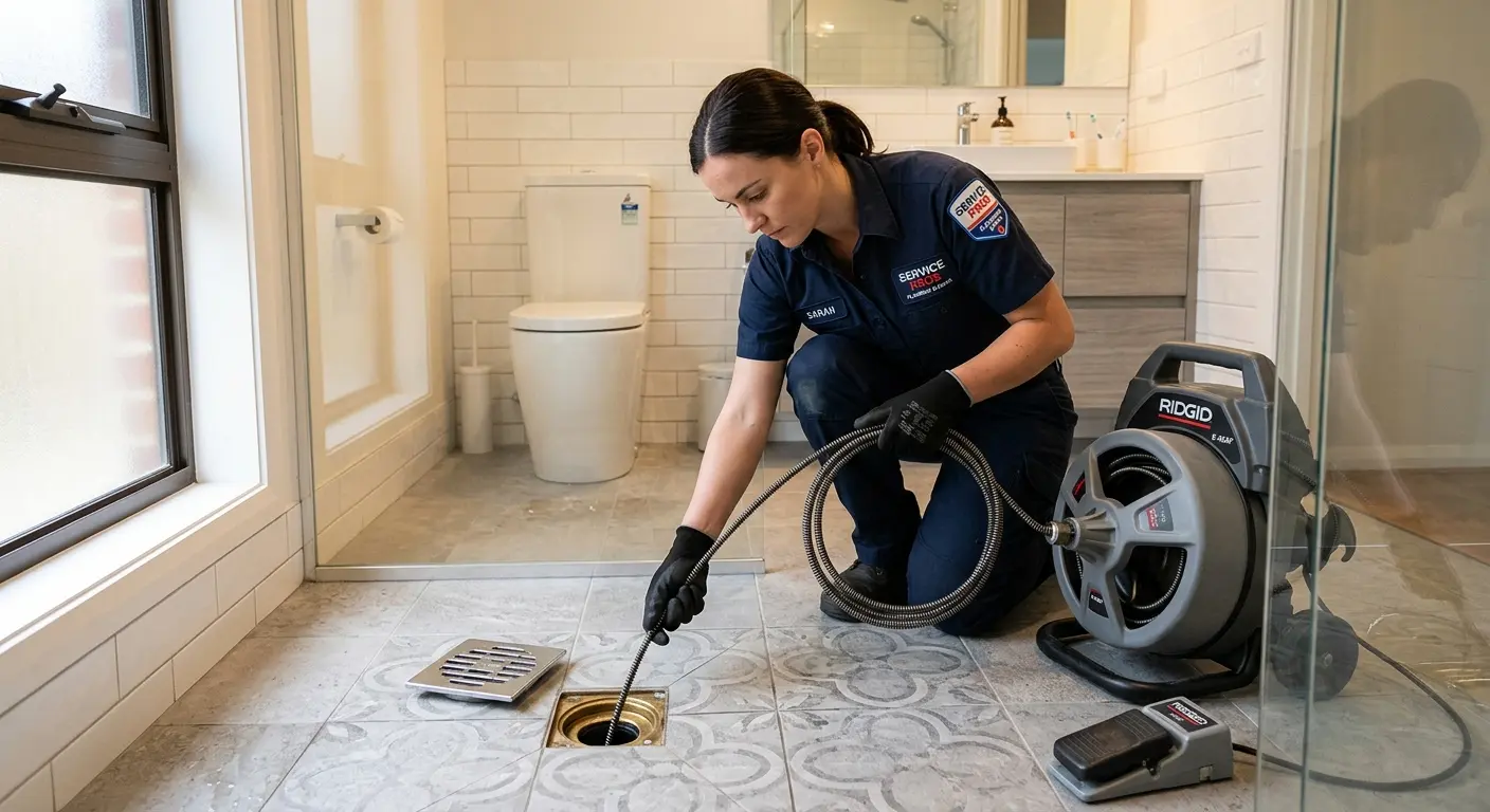 Technician clearing a bathroom floor drain for Drain Cleaning in Sunnyvale